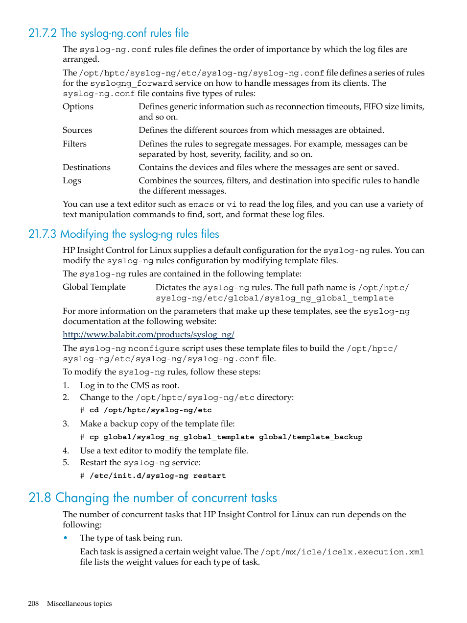 2 the syslog-ng.conf rules file, 3 modifying the syslog-ng rules files, 8 changing the number of concurrent tasks | HP Insight Control Software for Linux User Manual | Page 208 / 278