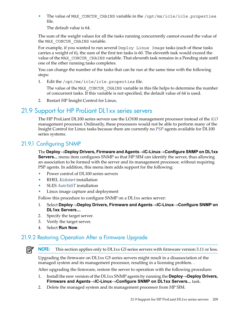 9 support for hp proliant dl1xx series servers, 1 configuring snmp, 2 restoring operation after a firmware upgrade | HP Insight Control Software for Linux User Manual | Page 209 / 278