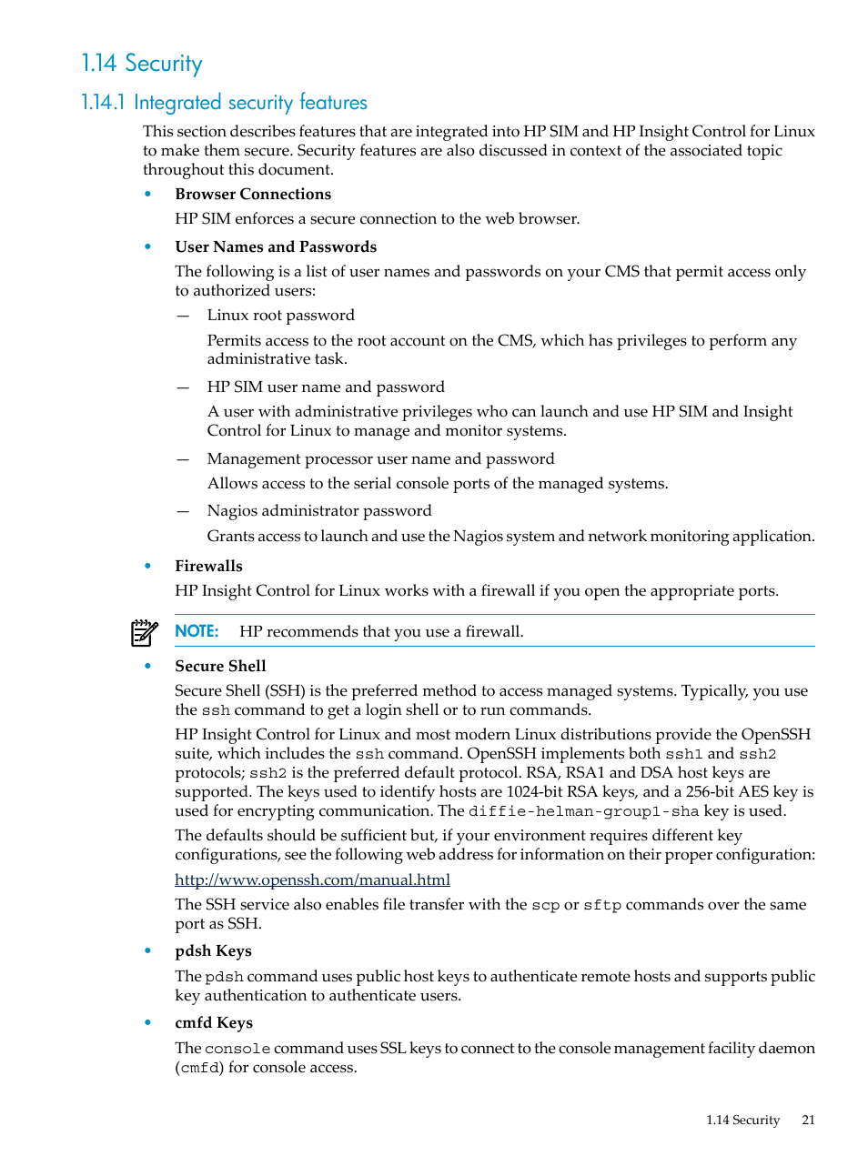 14 security, 1 integrated security features | HP Insight Control Software for Linux User Manual | Page 21 / 278