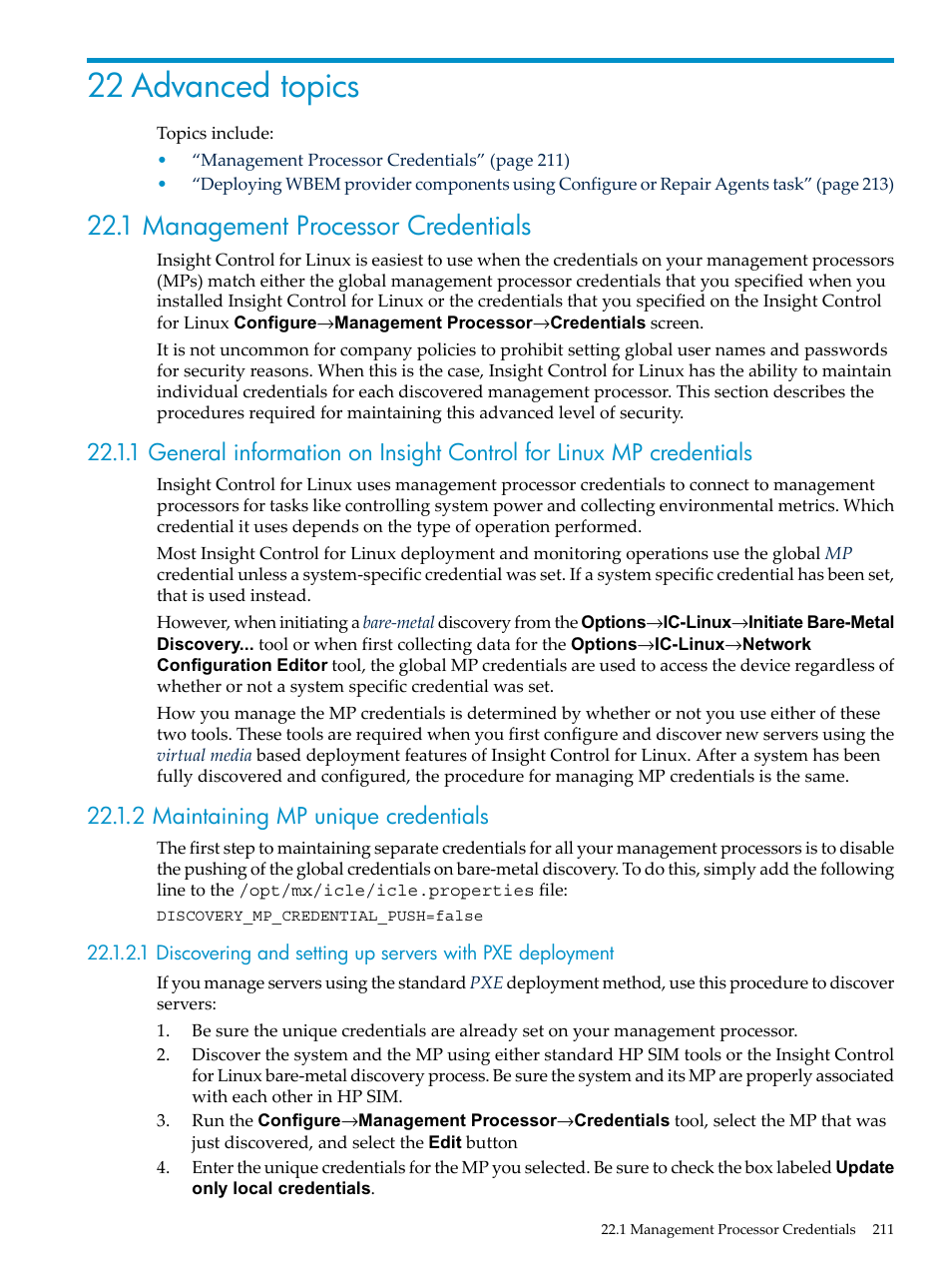 22 advanced topics, 1 management processor credentials, 2 maintaining mp unique credentials | Management processor, Management processor credentials | HP Insight Control Software for Linux User Manual | Page 211 / 278