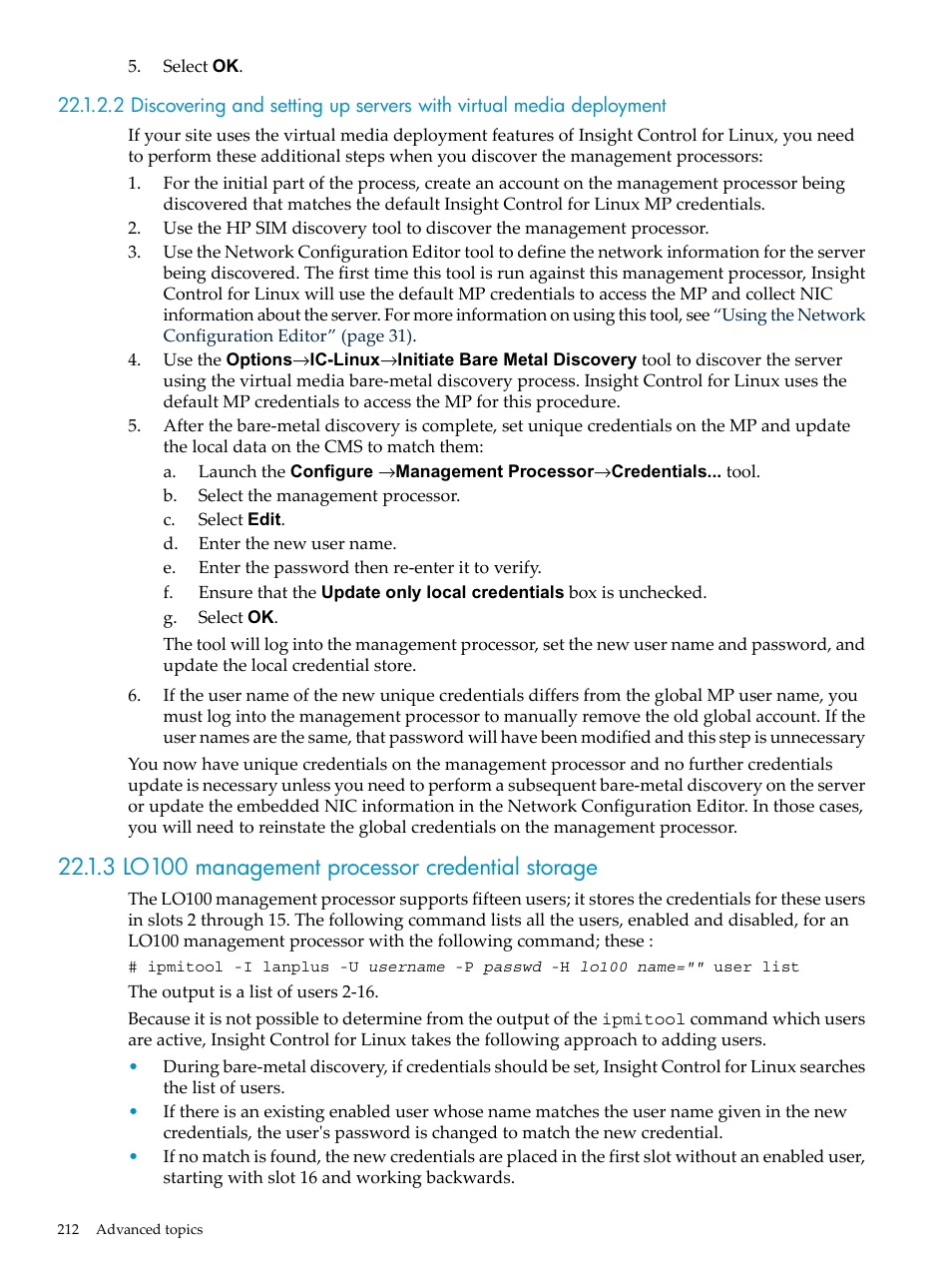 3 lo100 management processor credential storage | HP Insight Control Software for Linux User Manual | Page 212 / 278