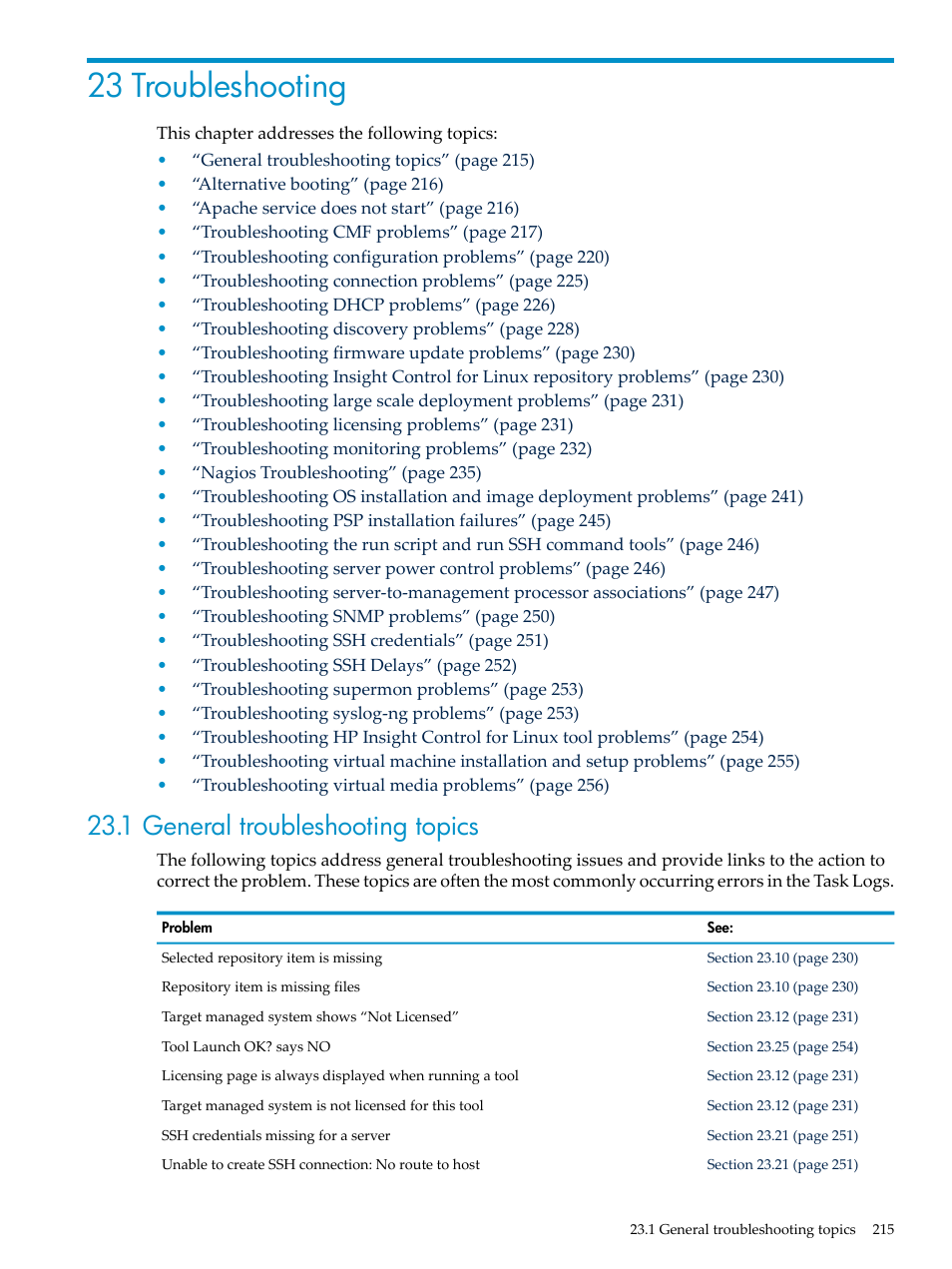 23 troubleshooting, 1 general troubleshooting topics | HP Insight Control Software for Linux User Manual | Page 215 / 278