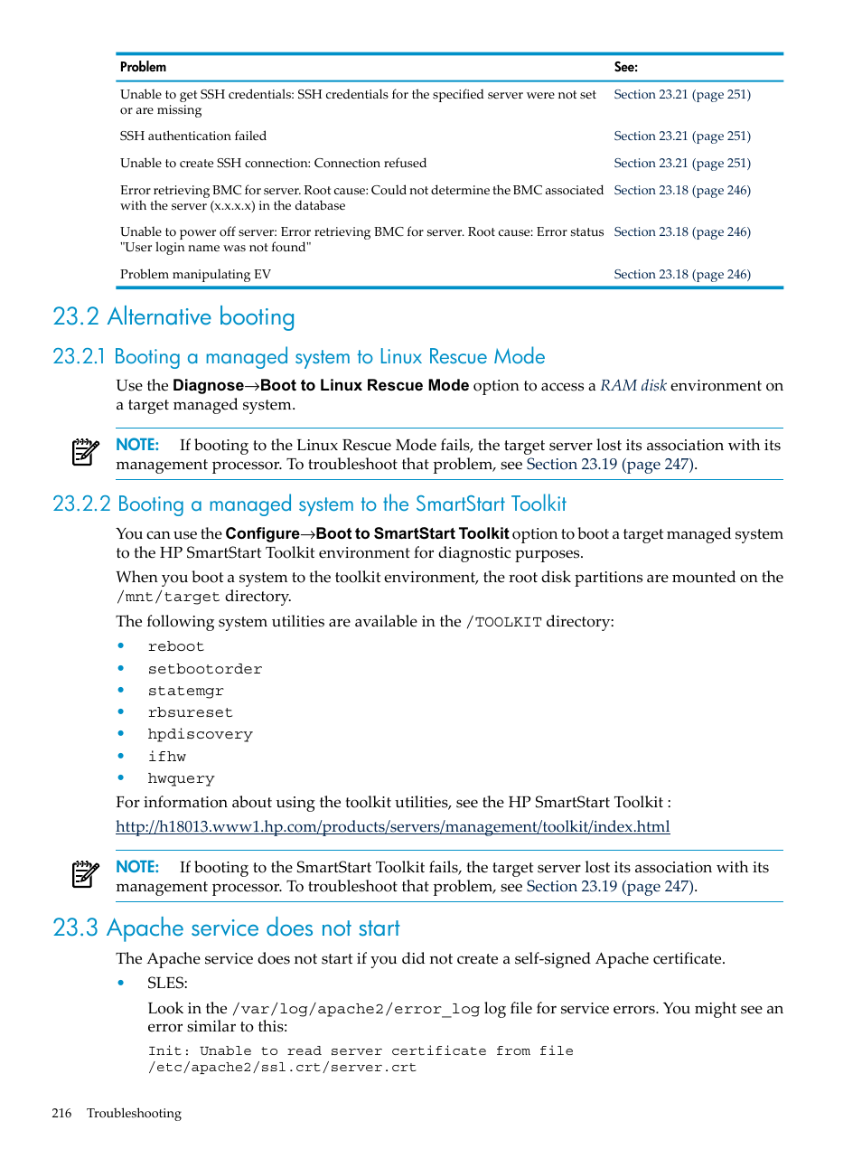 2 alternative booting, 1 booting a managed system to linux rescue mode, 3 apache service does not start | HP Insight Control Software for Linux User Manual | Page 216 / 278