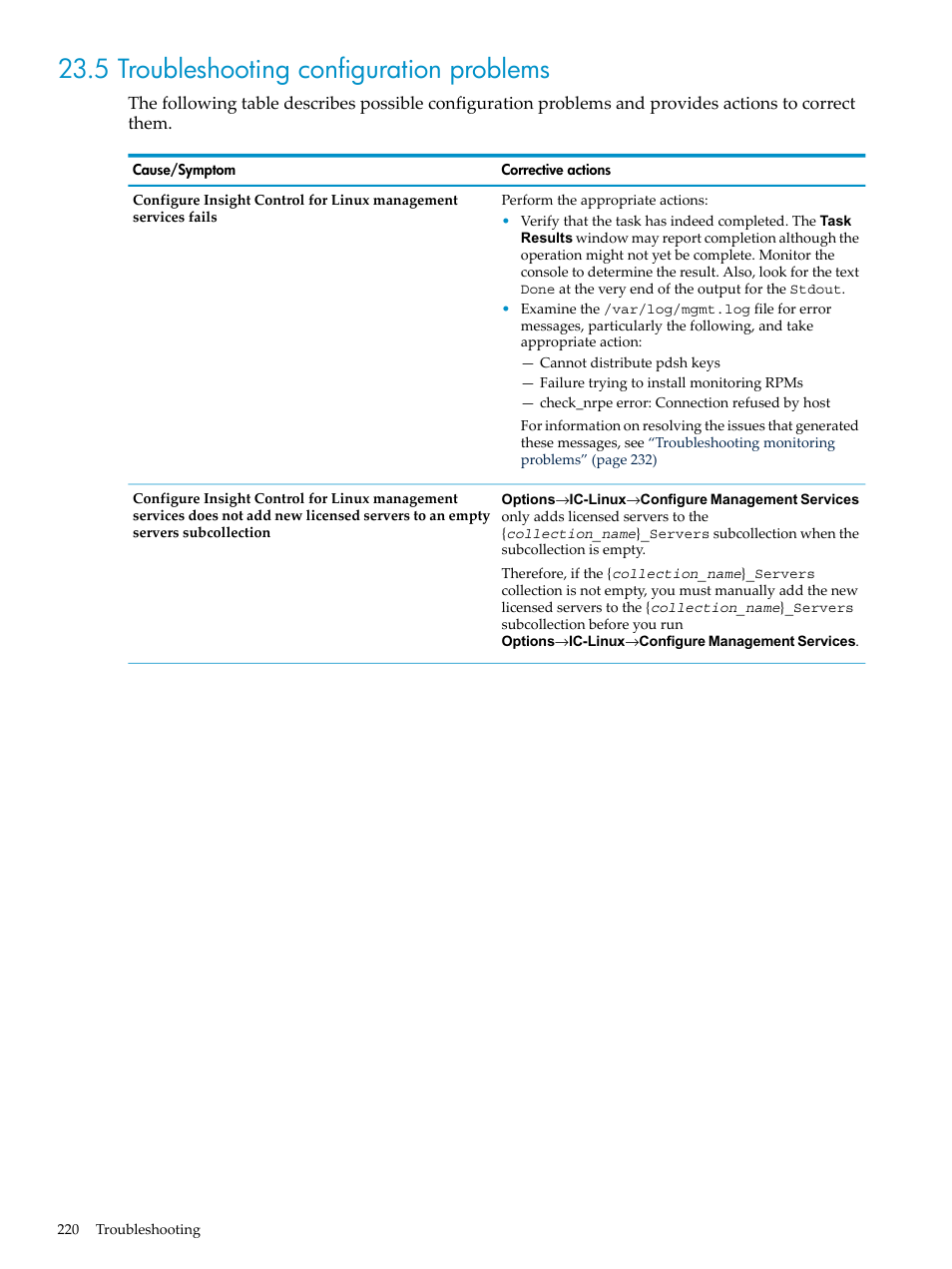 5 troubleshooting configuration problems | HP Insight Control Software for Linux User Manual | Page 220 / 278