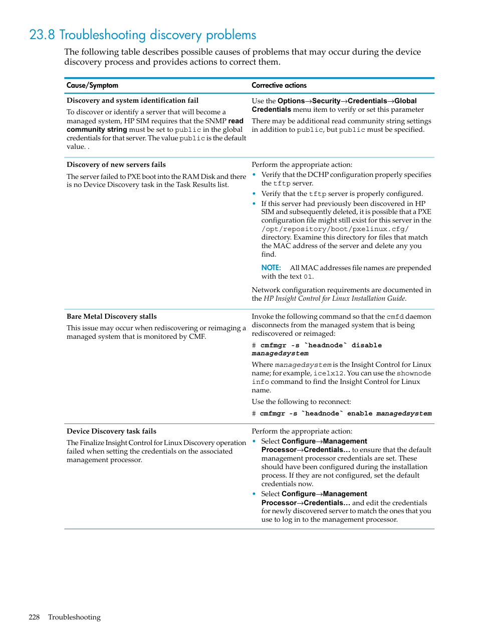 8 troubleshooting discovery problems | HP Insight Control Software for Linux User Manual | Page 228 / 278