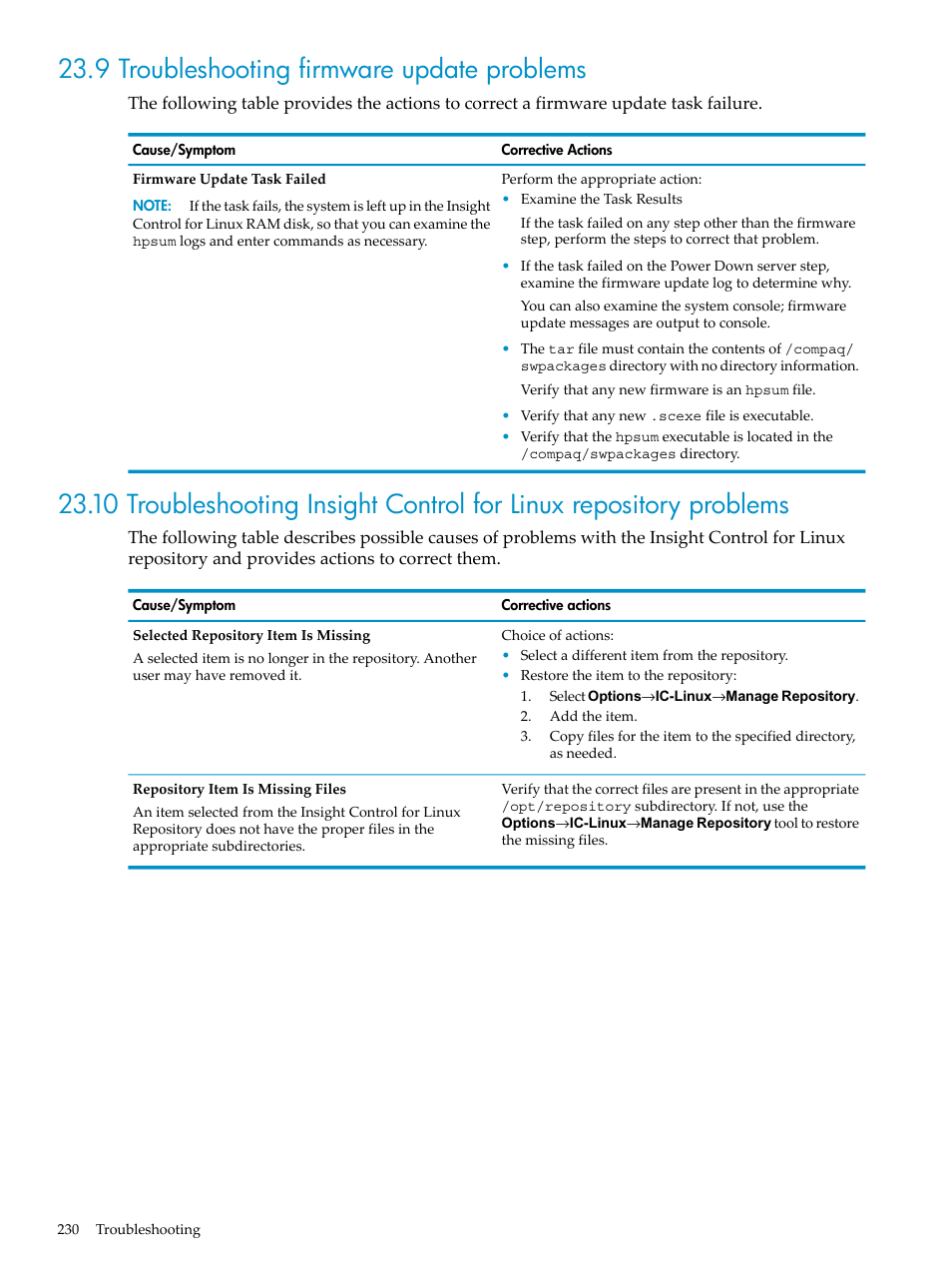 9 troubleshooting firmware update problems | HP Insight Control Software for Linux User Manual | Page 230 / 278