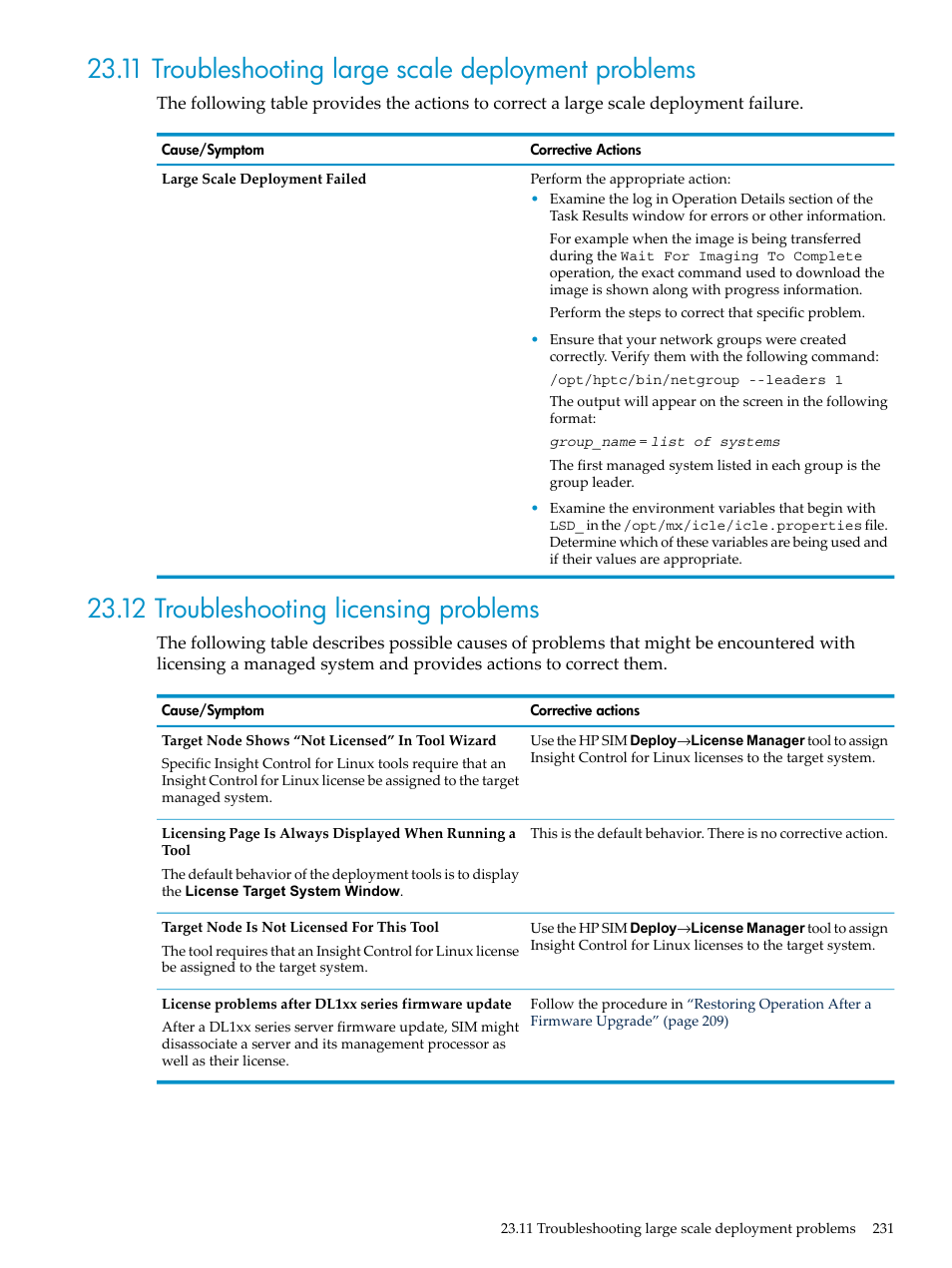 11 troubleshooting large scale deployment problems, 12 troubleshooting licensing problems | HP Insight Control Software for Linux User Manual | Page 231 / 278