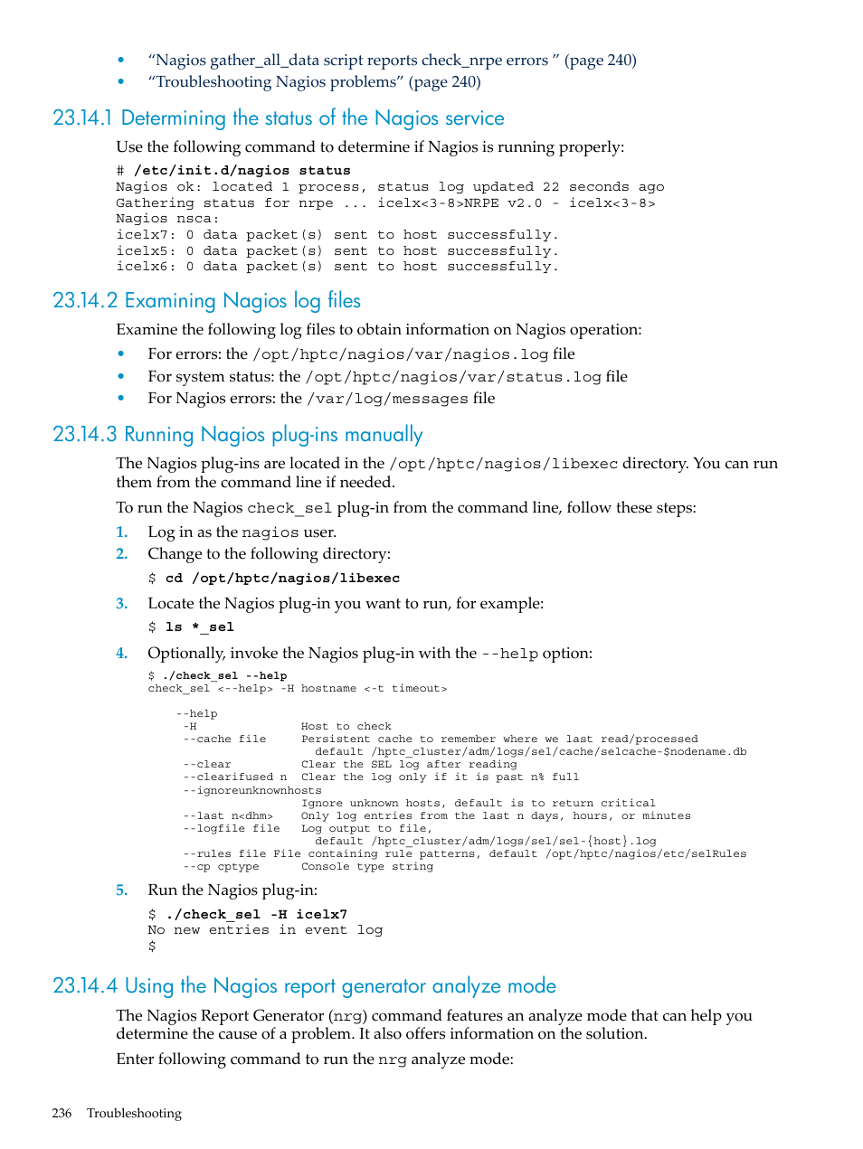 1 determining the status of the nagios service, 2 examining nagios log files, 3 running nagios plug-ins manually | 4 using the nagios report generator analyze mode | HP Insight Control Software for Linux User Manual | Page 236 / 278