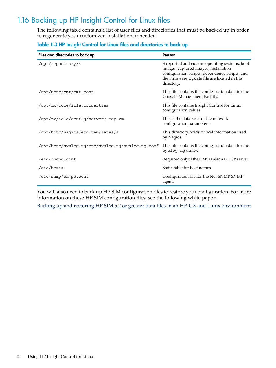 16 backing up hp insight control for linux files | HP Insight Control Software for Linux User Manual | Page 24 / 278