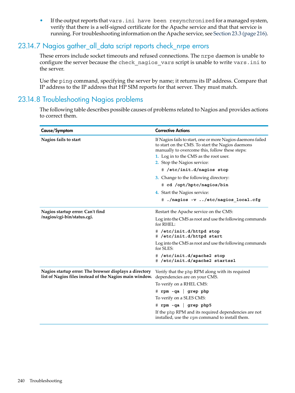 8 troubleshooting nagios problems | HP Insight Control Software for Linux User Manual | Page 240 / 278