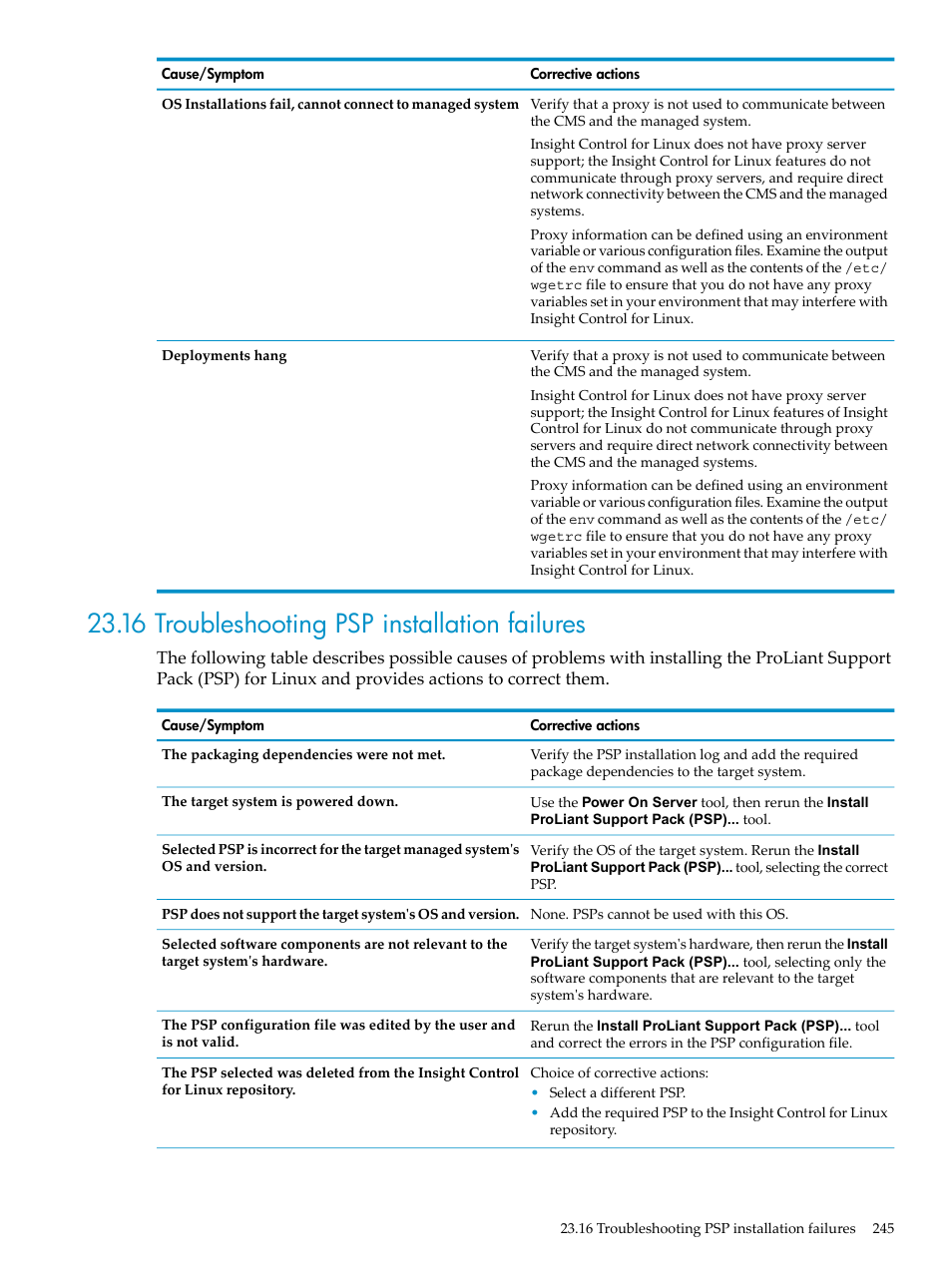 16 troubleshooting psp installation failures | HP Insight Control Software for Linux User Manual | Page 245 / 278