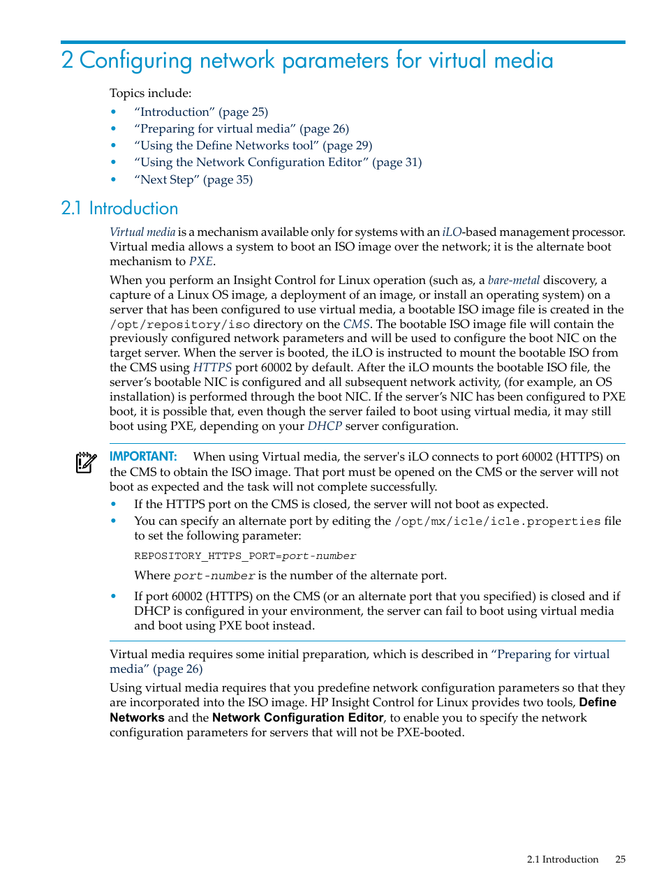 2 configuring network parameters for virtual media, 1 introduction | HP Insight Control Software for Linux User Manual | Page 25 / 278