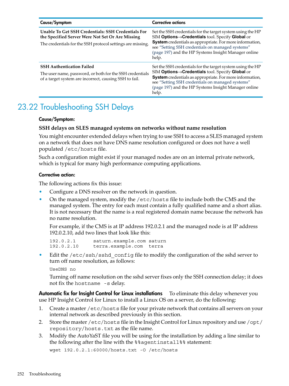 22 troubleshooting ssh delays | HP Insight Control Software for Linux User Manual | Page 252 / 278