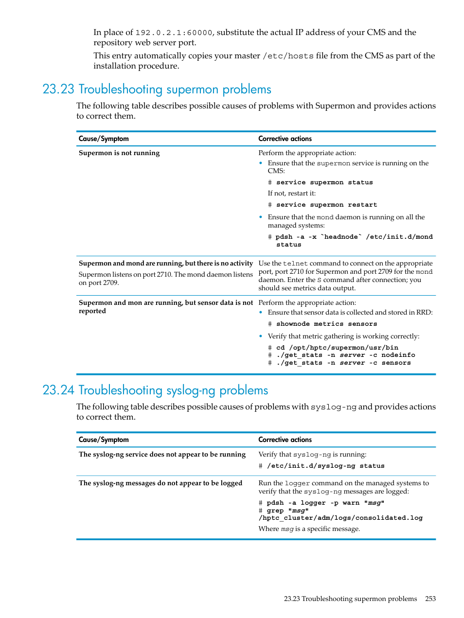 23 troubleshooting supermon problems, 24 troubleshooting syslog-ng problems | HP Insight Control Software for Linux User Manual | Page 253 / 278