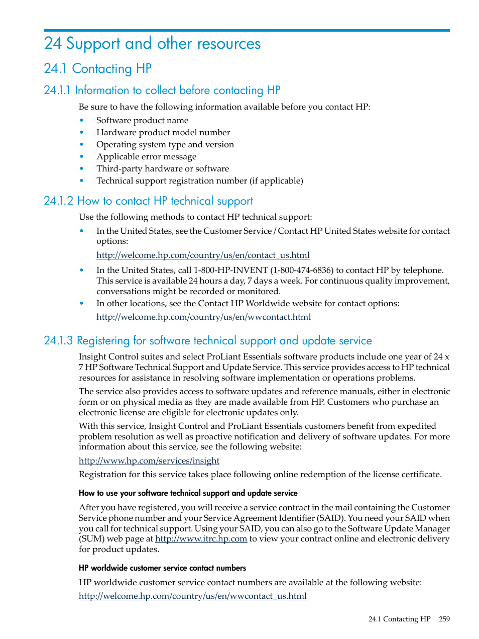 24 support and other resources, 1 contacting hp, 1 information to collect before contacting hp | 2 how to contact hp technical support | HP Insight Control Software for Linux User Manual | Page 259 / 278