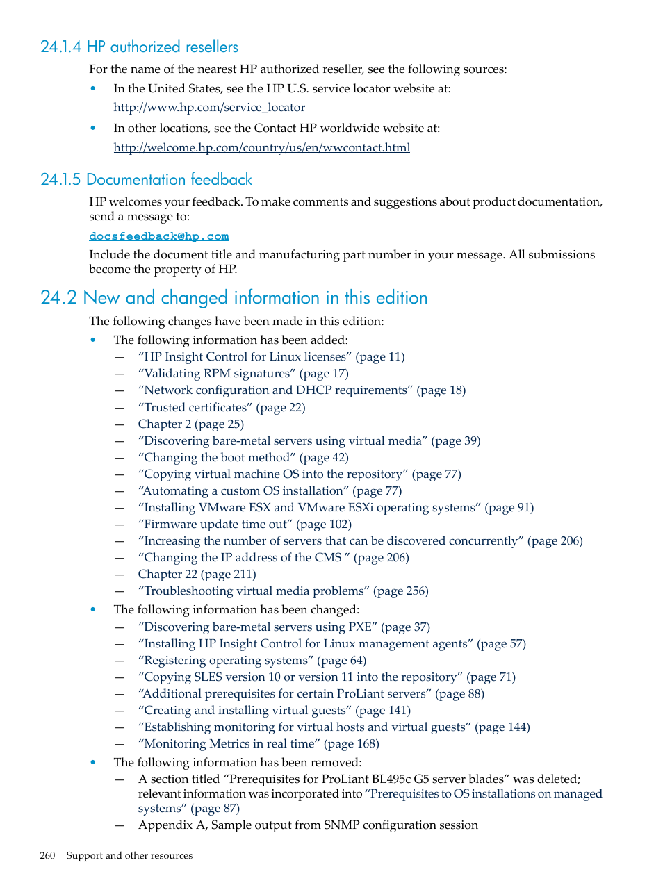 4 hp authorized resellers, 5 documentation feedback, 2 new and changed information in this edition | HP Insight Control Software for Linux User Manual | Page 260 / 278