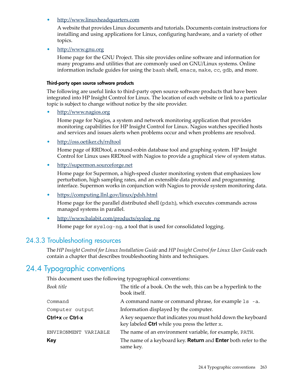 3 troubleshooting resources, 4 typographic conventions | HP Insight Control Software for Linux User Manual | Page 263 / 278