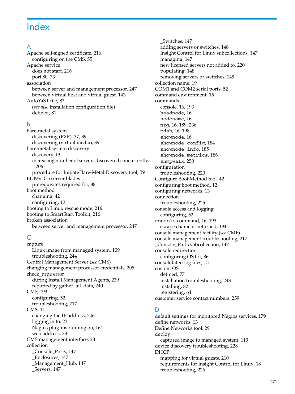 Index | HP Insight Control Software for Linux User Manual | Page 271 / 278