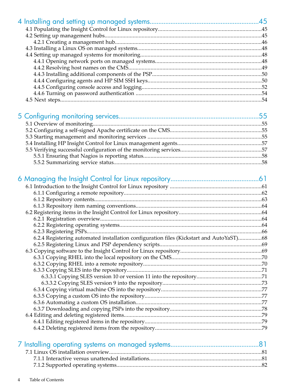 4 installing and setting up managed systems, 5 configuring monitoring services, 7 installing operating systems on managed systems | HP Insight Control Software for Linux User Manual | Page 4 / 278