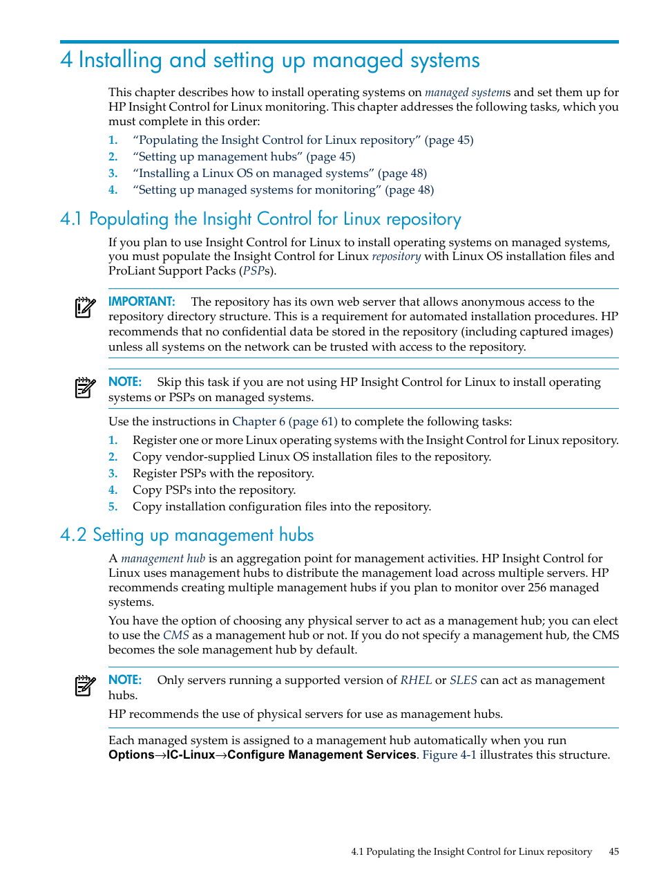 4 installing and setting up managed systems, 2 setting up management hubs | HP Insight Control Software for Linux User Manual | Page 45 / 278