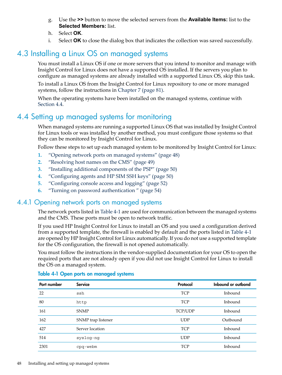 3 installing a linux os on managed systems, 4 setting up managed systems for monitoring, 1 opening network ports on managed systems | HP Insight Control Software for Linux User Manual | Page 48 / 278