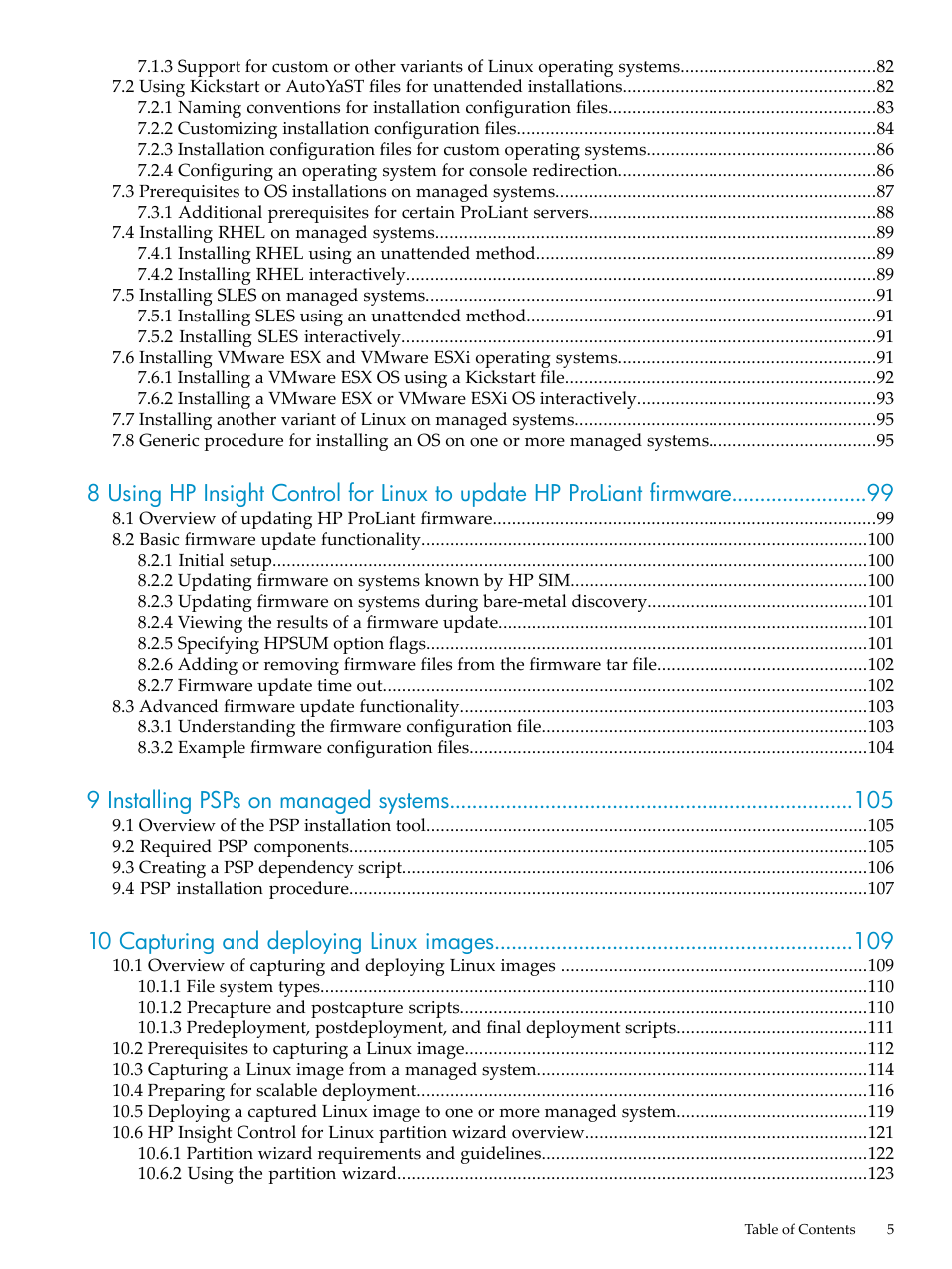 9 installing psps on managed systems, 10 capturing and deploying linux images | HP Insight Control Software for Linux User Manual | Page 5 / 278