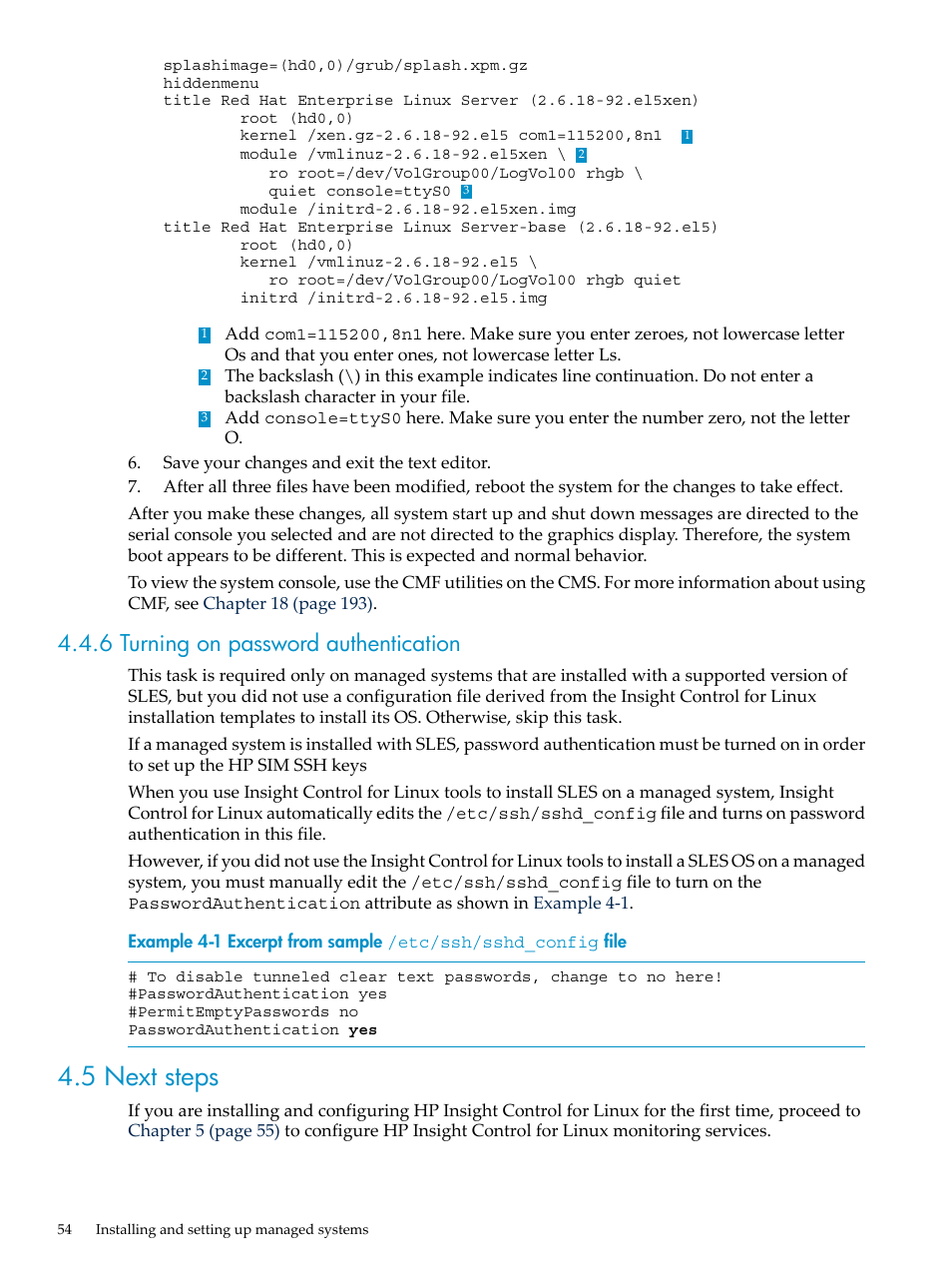 6 turning on password authentication, 5 next steps | HP Insight Control Software for Linux User Manual | Page 54 / 278