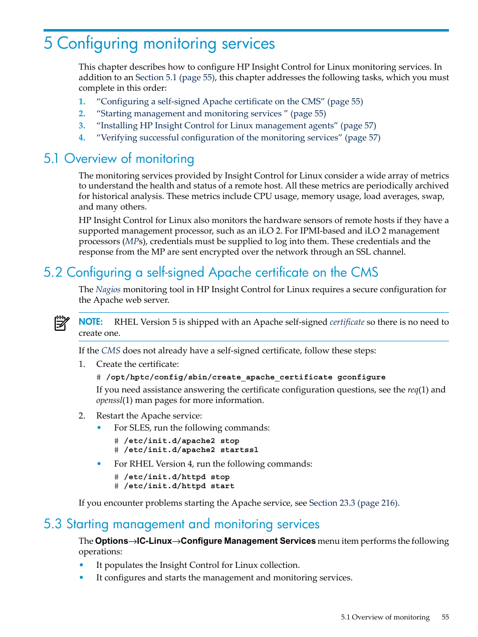 5 configuring monitoring services, 1 overview of monitoring, 3 starting management and monitoring services | HP Insight Control Software for Linux User Manual | Page 55 / 278