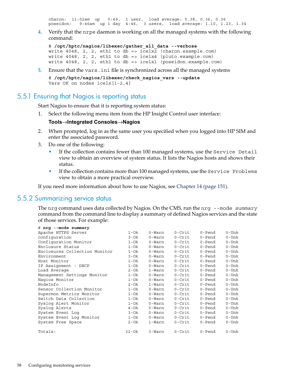 1 ensuring that nagios is reporting status, 2 summarizing service status | HP Insight Control Software for Linux User Manual | Page 58 / 278