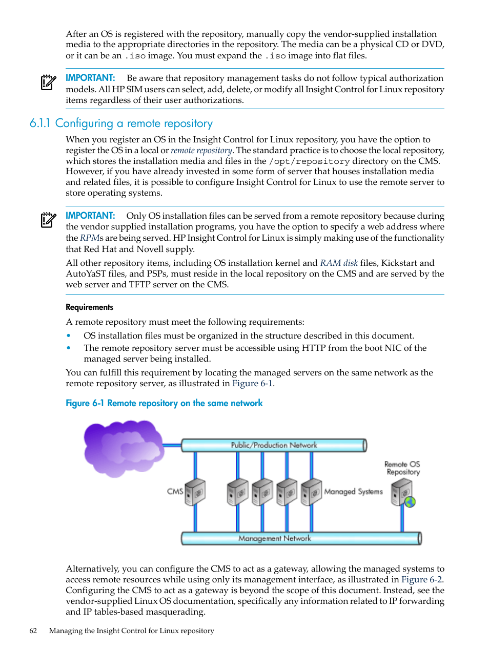 1 configuring a remote repository, Section 6.1.1 | HP Insight Control Software for Linux User Manual | Page 62 / 278