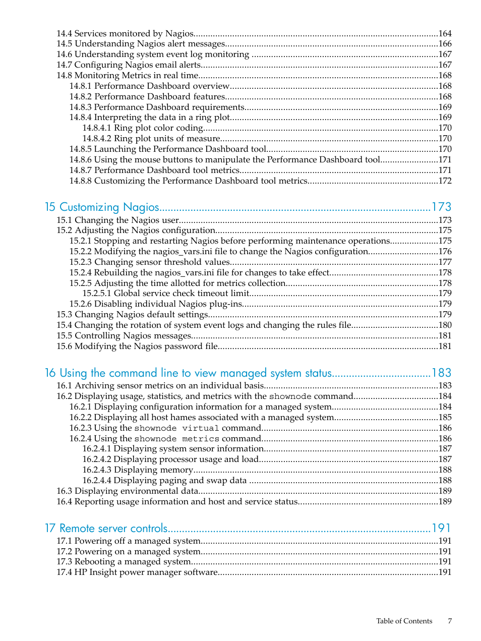 15 customizing nagios, 17 remote server controls | HP Insight Control Software for Linux User Manual | Page 7 / 278