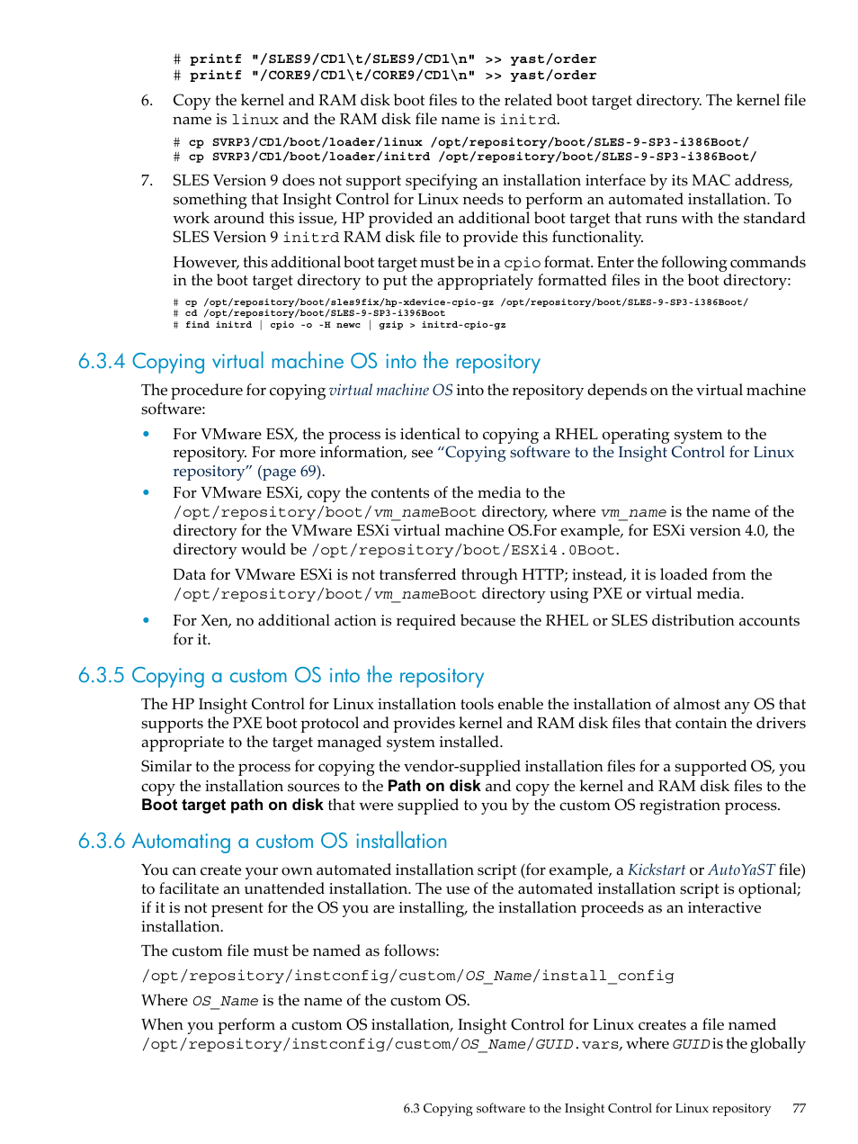 4 copying virtual machine os into the repository, 5 copying a custom os into the repository, 6 automating a custom os installation | HP Insight Control Software for Linux User Manual | Page 77 / 278