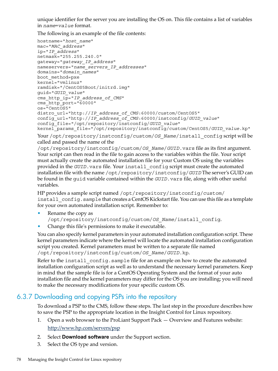 7 downloading and copying psps into the repository | HP Insight Control Software for Linux User Manual | Page 78 / 278