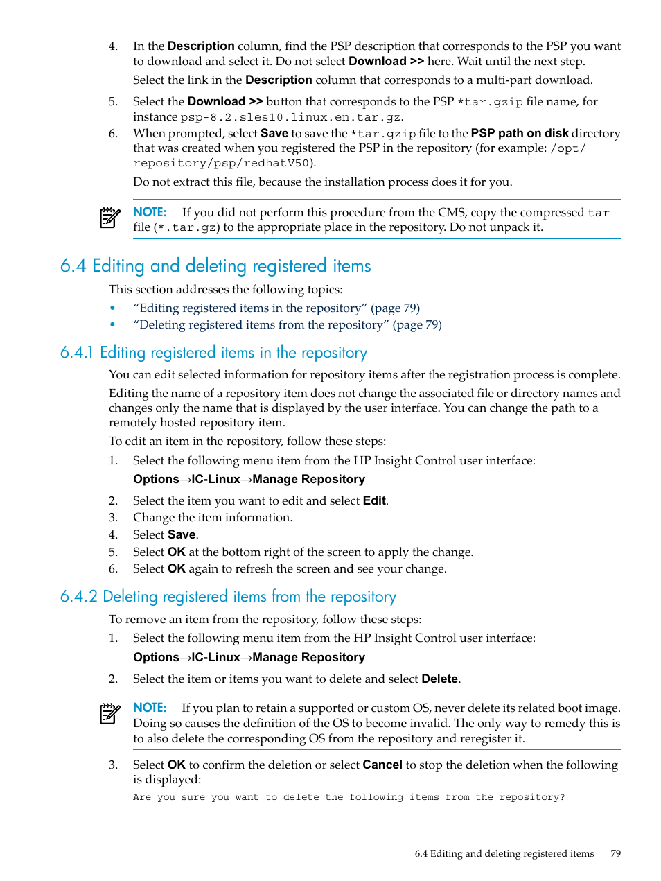 4 editing and deleting registered items, 1 editing registered items in the repository, 2 deleting registered items from the repository | HP Insight Control Software for Linux User Manual | Page 79 / 278