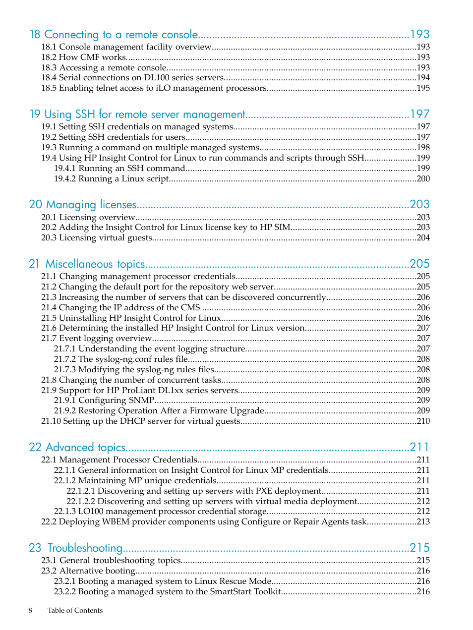 18 connecting to a remote console, 19 using ssh for remote server management, 20 managing licenses | 21 miscellaneous topics, 22 advanced topics, 23 troubleshooting | HP Insight Control Software for Linux User Manual | Page 8 / 278