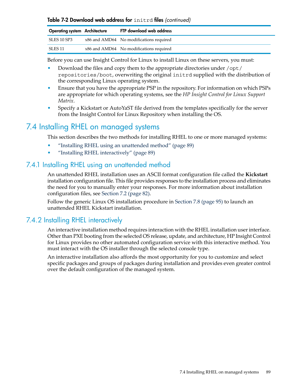 4 installing rhel on managed systems, 1 installing rhel using an unattended method, 2 installing rhel interactively | HP Insight Control Software for Linux User Manual | Page 89 / 278