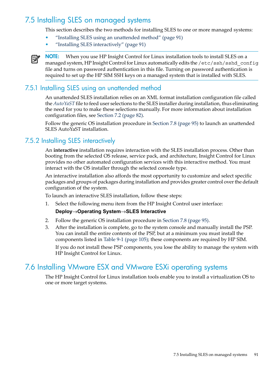 5 installing sles on managed systems, 1 installing sles using an unattended method, 2 installing sles interactively | HP Insight Control Software for Linux User Manual | Page 91 / 278