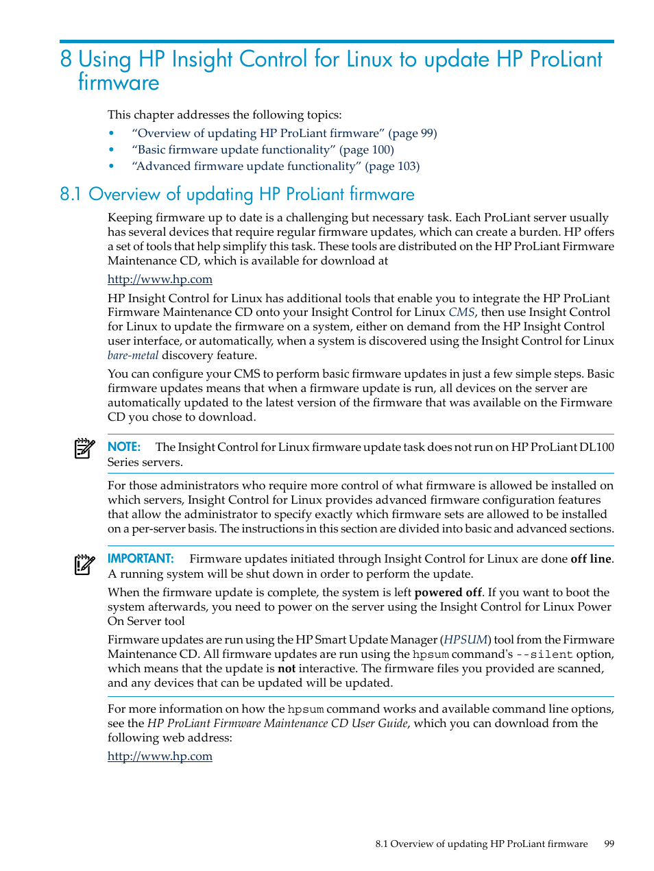 1 overview of updating hp proliant firmware | HP Insight Control Software for Linux User Manual | Page 99 / 278