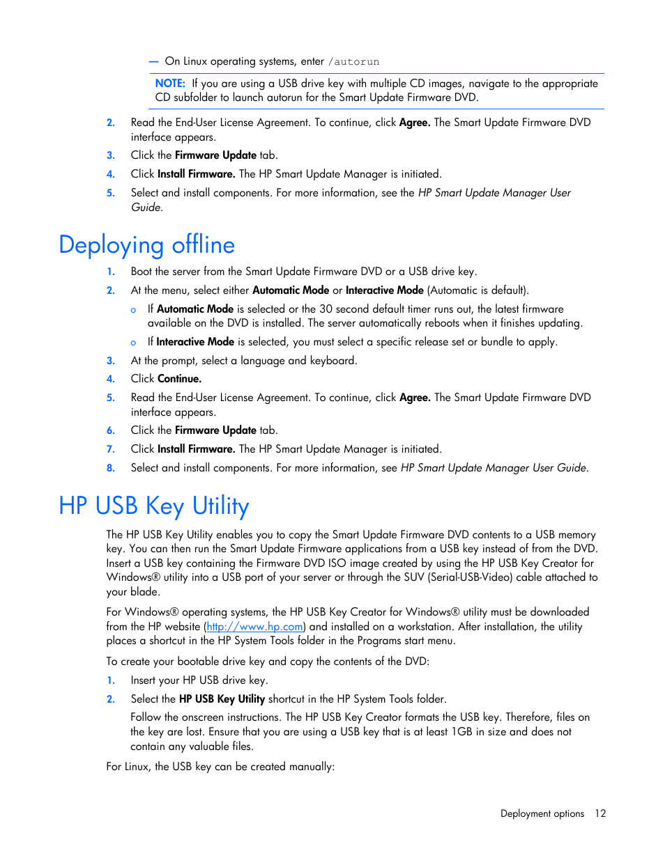 Deploying offline, Hp usb key utility, Deploying offline hp usb key utility | HP SmartStart-Software User Manual | Page 12 / 52