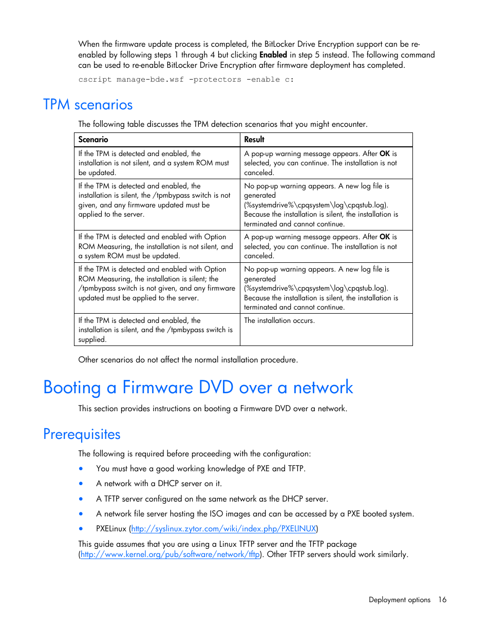 Tpm scenarios, Booting a firmware dvd over a network, Prerequisites | HP SmartStart-Software User Manual | Page 16 / 52