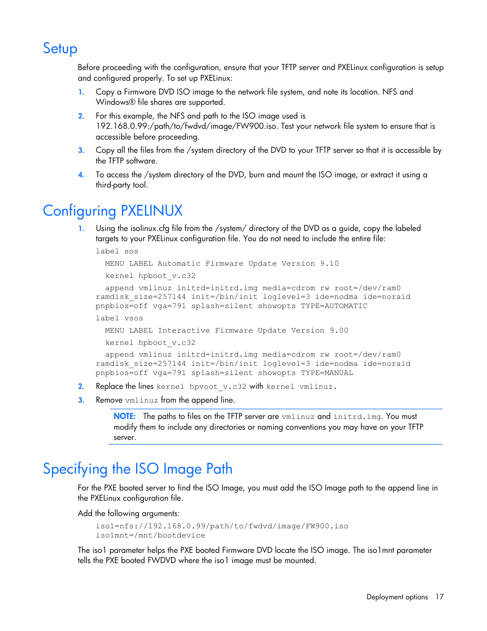 Setup, Configuring pxelinux, Specifying the iso image path | HP SmartStart-Software User Manual | Page 17 / 52