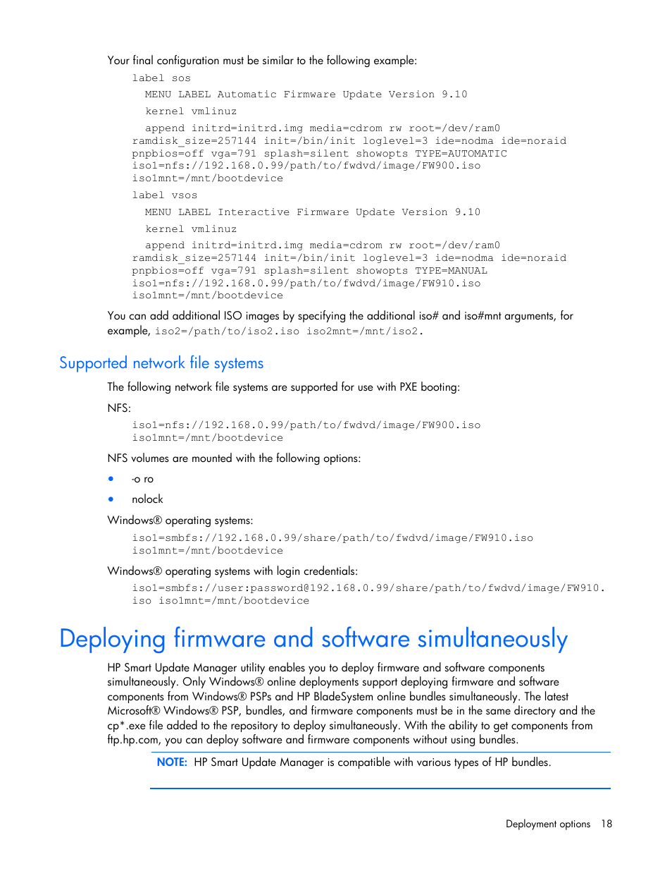 Supported network file systems, Deploying firmware and software simultaneously | HP SmartStart-Software User Manual | Page 18 / 52