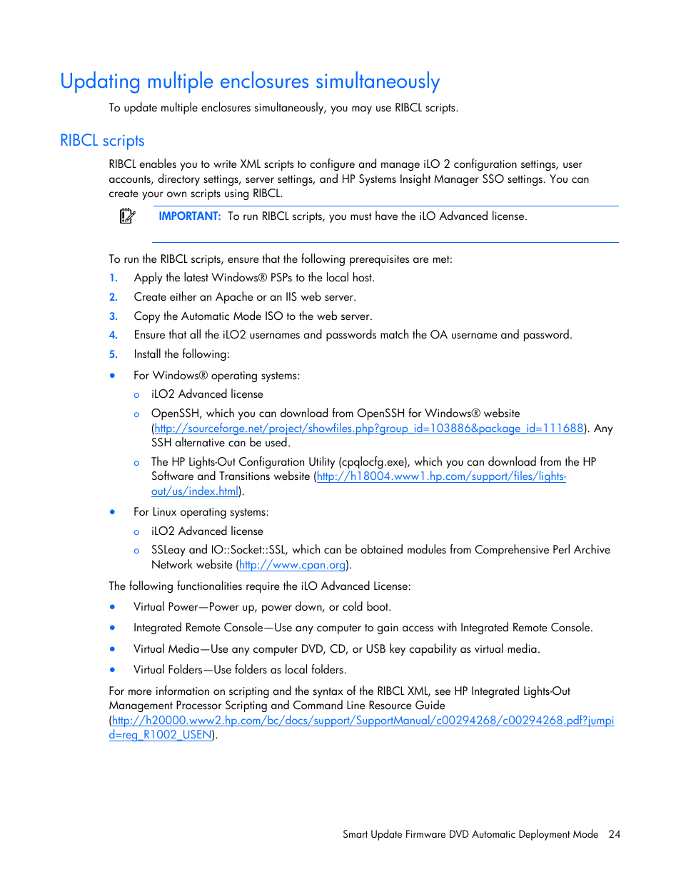 Updating multiple enclosures simultaneously, Ribcl scripts | HP SmartStart-Software User Manual | Page 24 / 52