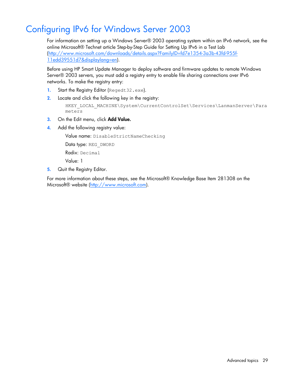 Configuring ipv6 for windows server 2003 | HP SmartStart-Software User Manual | Page 29 / 52