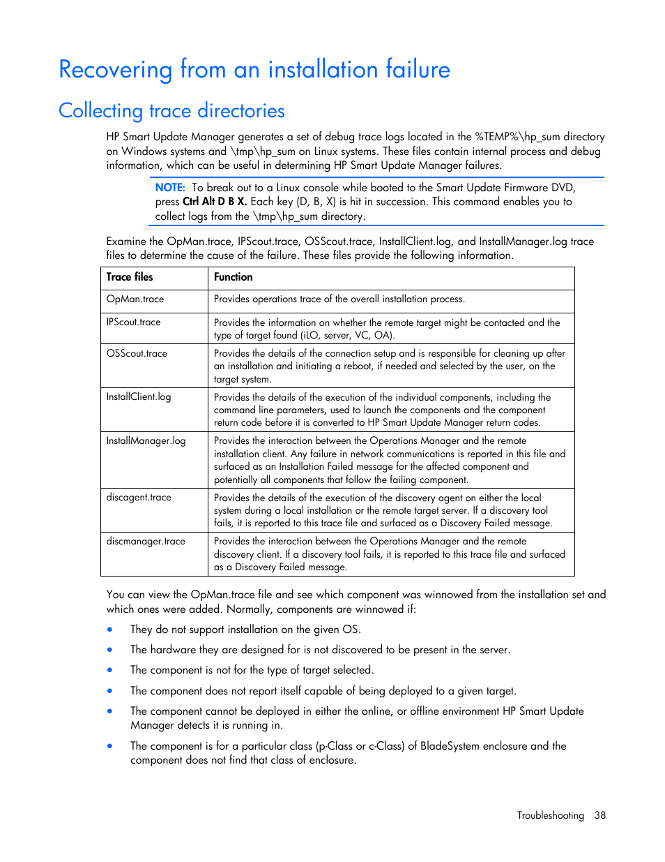 Recovering from an installation failure, Collecting trace directories | HP SmartStart-Software User Manual | Page 38 / 52