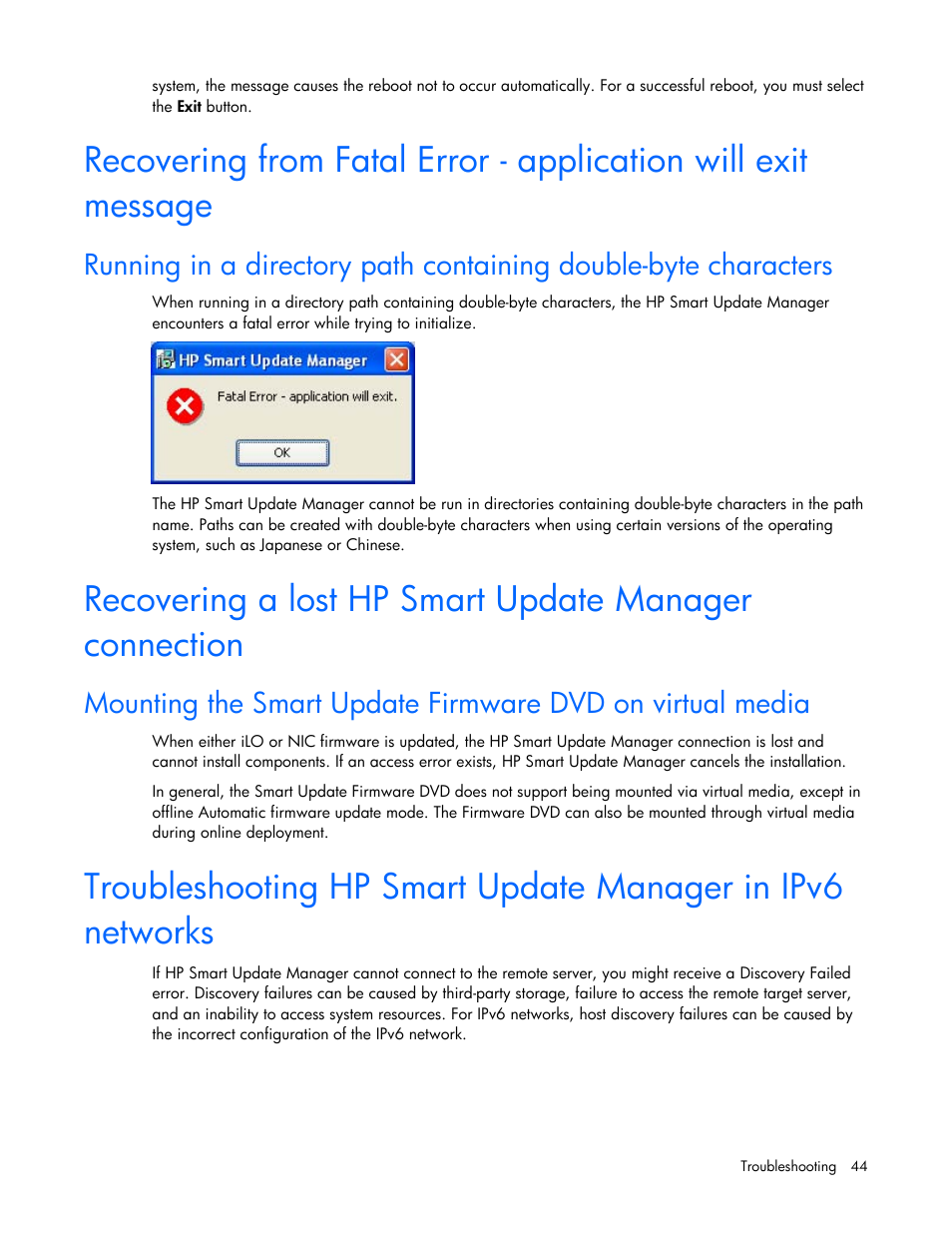 Troubleshooting hp, Smart update manager in ipv6 networks, Troubleshooting hp smart | Update manager in ipv6 networks | HP SmartStart-Software User Manual | Page 44 / 52