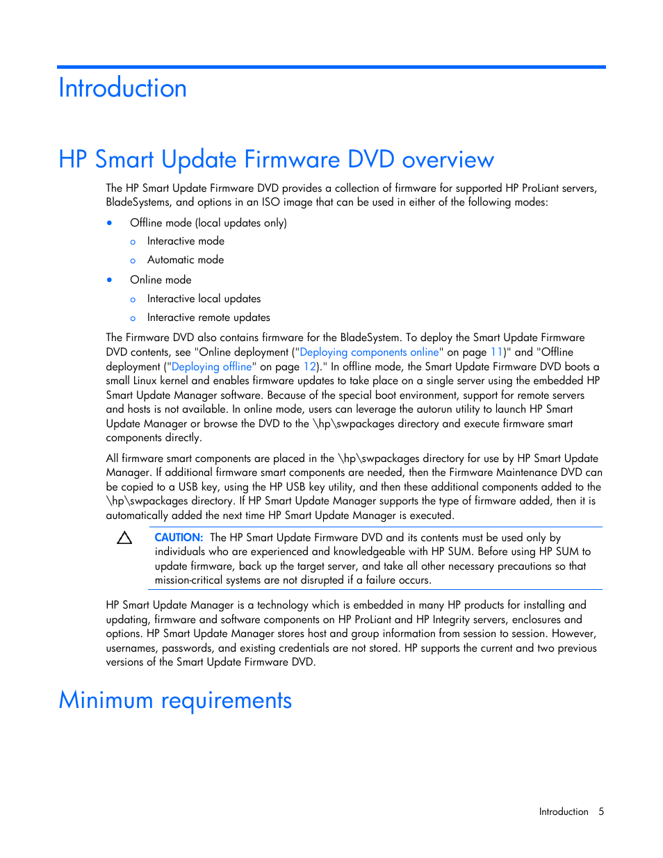 Introduction, Hp smart update firmware dvd overview, Minimum requirements | HP SmartStart-Software User Manual | Page 5 / 52