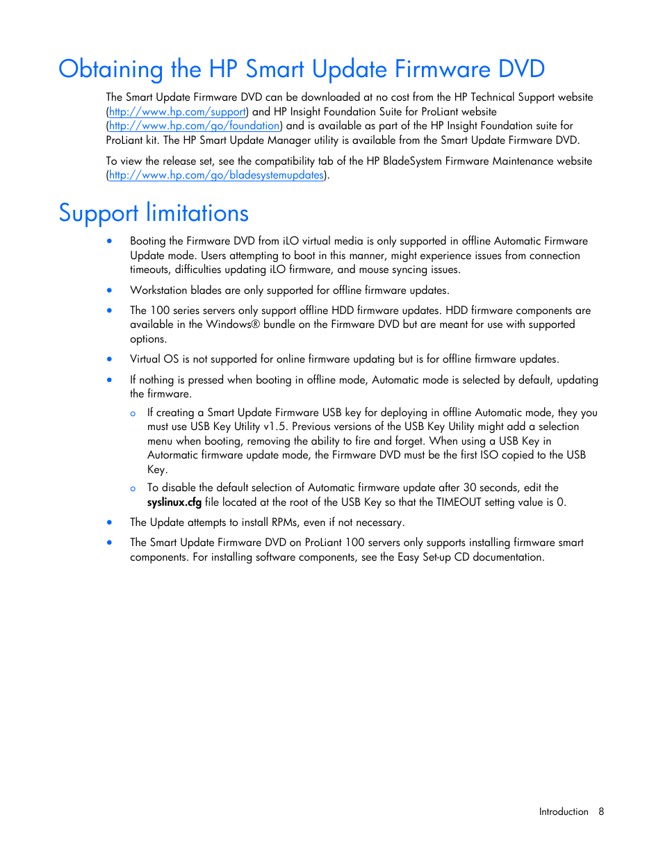 Obtaining the hp smart update firmware dvd, Support limitations | HP SmartStart-Software User Manual | Page 8 / 52