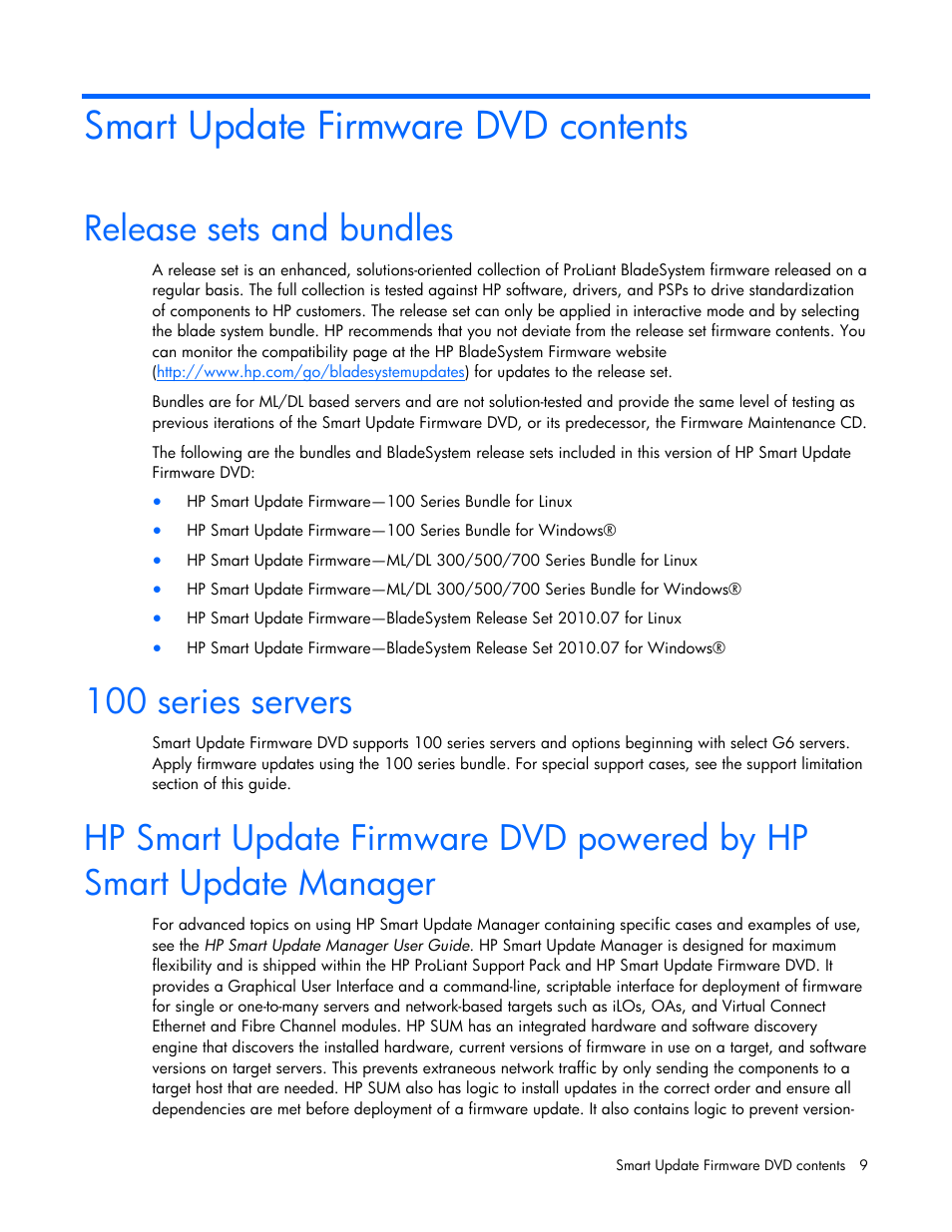 Smart update firmware dvd contents, Release sets and bundles, 100 series servers | HP SmartStart-Software User Manual | Page 9 / 52