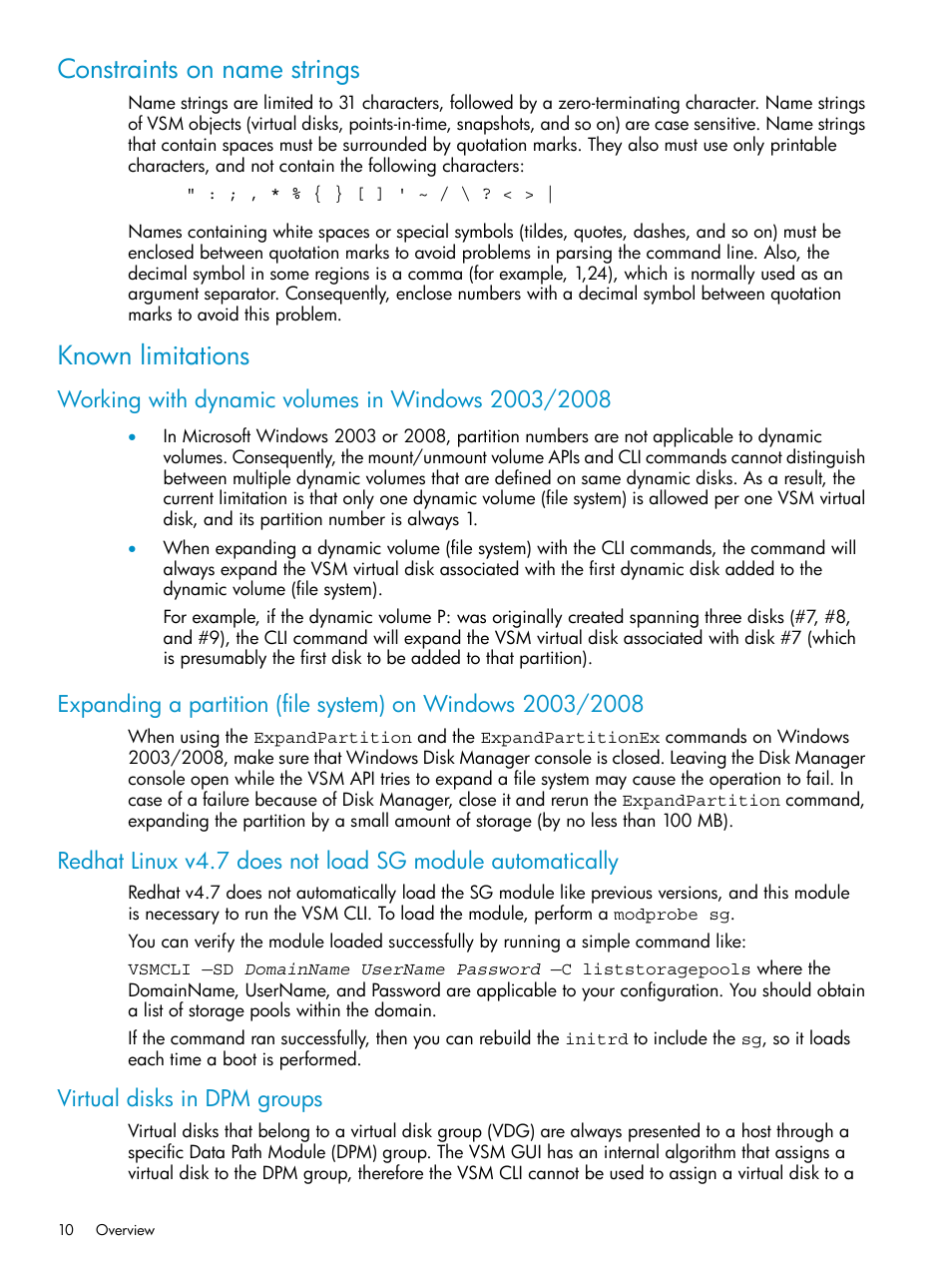 Constraints on name strings, Known limitations, Working with dynamic volumes in windows 2003/2008 | Virtual disks in dpm groups, Constraints on name strings known limitations | HP SAN Virtualization Services Platform User Manual | Page 10 / 79